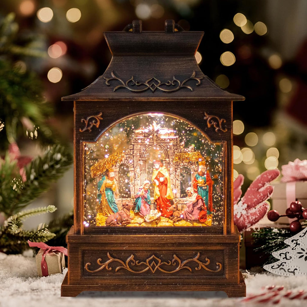 Christmas Nativity Snow Globe Lantern Musical Swirling Glitter Light