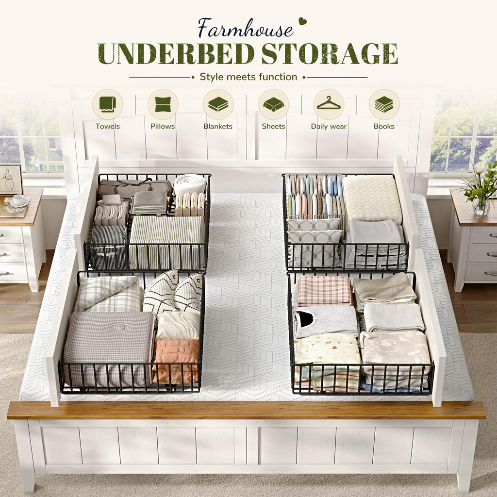 Farmhouse Bed Frame with 50.4" Tall Headboard, Antique White