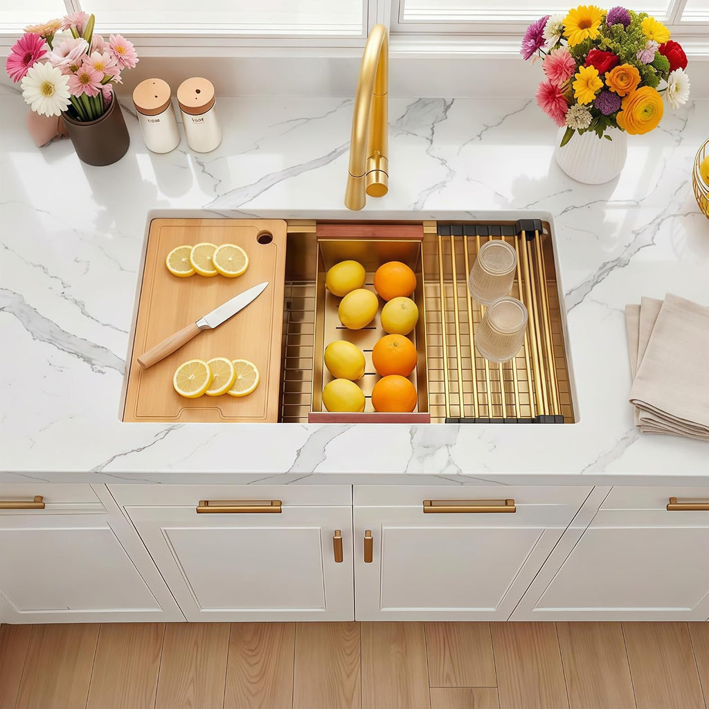 32 Inch Gold Undermount Kitchen Sink,16 Gauge 304 Stainless Steel Kitchen Sink Single Bowl, 32"x19"x10" Undermount