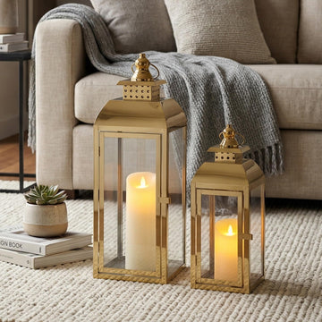 Set of 2 Gold Stainless Steel Decorative Candle Lanterns 20.5"&15" High Metal Candle Lanterns for Indoor Outdoor