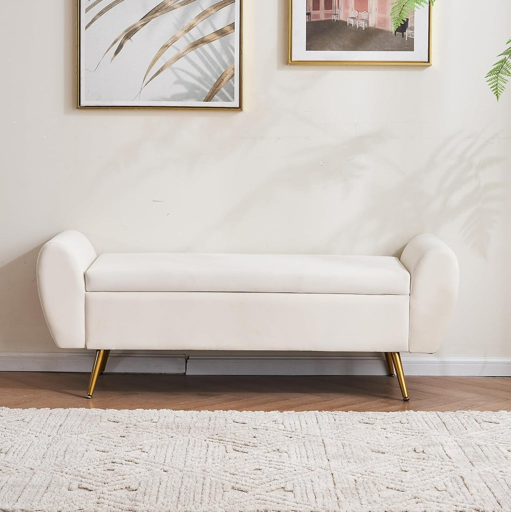 56" Storage Bench King Size Bed, Gold Legs, Velvet Ivory White | Long Ottoman, Modern End of Bed Bench, with Arm