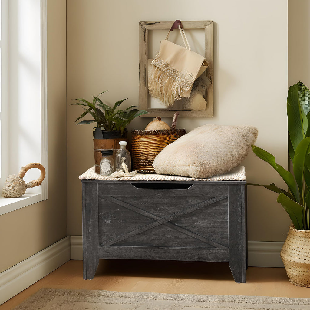 Storage Bench, Entryway Ottoman with Metal Safety Hinges Wicker-Knot Cushion, Shoe Bench for Storage Farmhouse