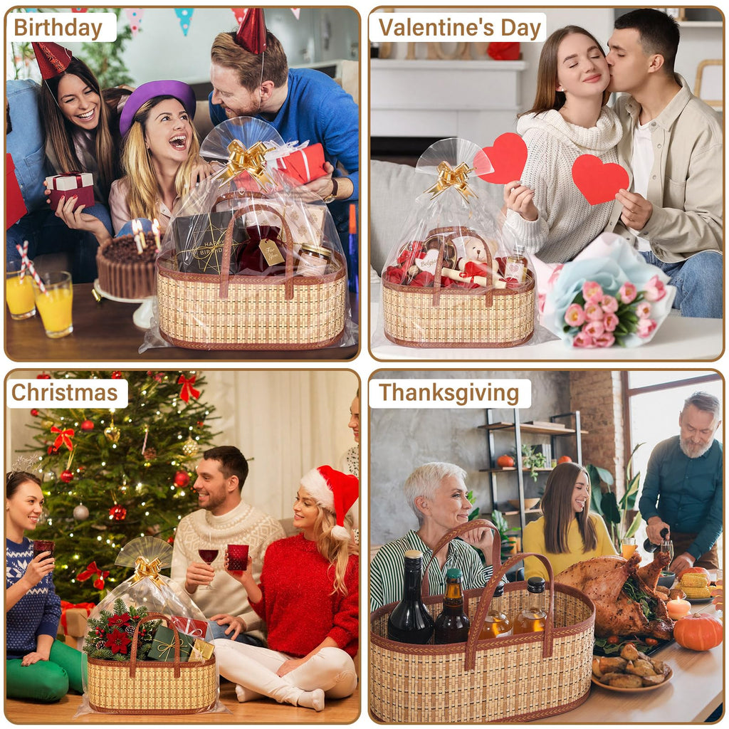1 Sets Empty Gift Baskets to Fill Large Bamboo Woven Baskets with Handles 15.8 x 7.9 x 6.3 inch Includes Clear Wrap