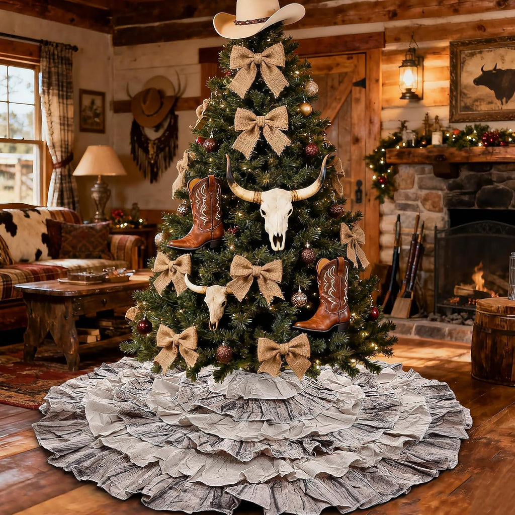 48 Inch Western Farmhouse Tree Skirt, 6-Layer Ruffled Wood Grain & Burlap Design, Rustic Country Cowboy Holiday