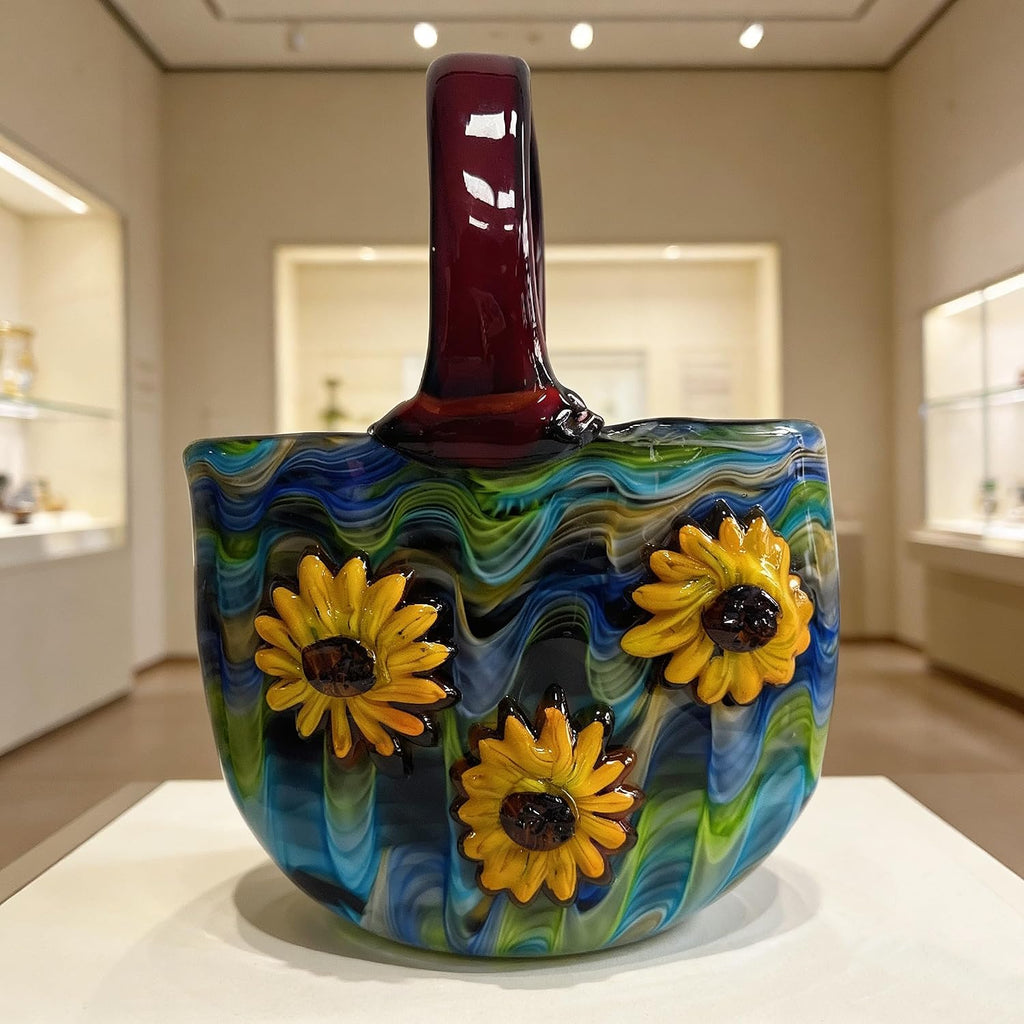 Hand Blown Art Glass Vase Sunflower - 13.4" Murano Style Colorful Sculpture, Unique Bag Design Centerpiece for Table