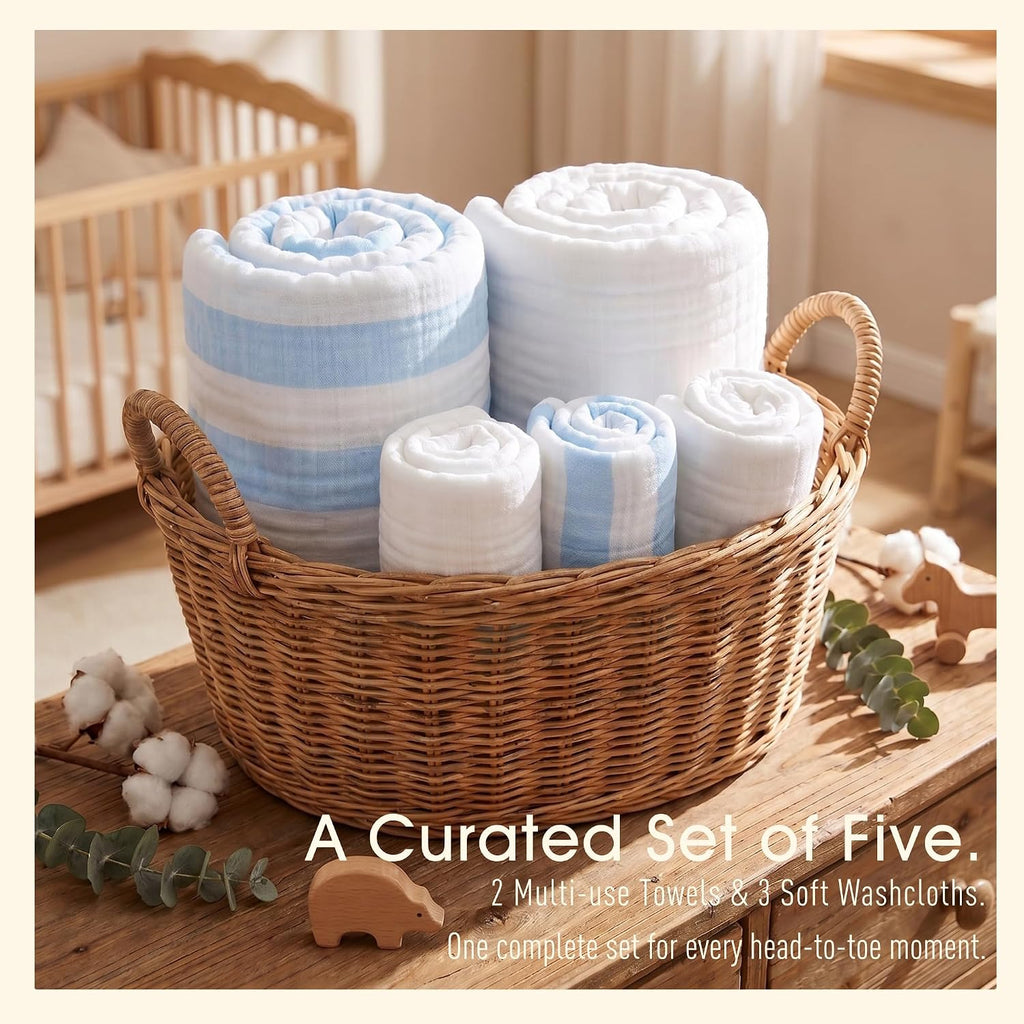 Organic Muslin Baby Bath Towel Blanket Pc Gift Set - Blue Stripe