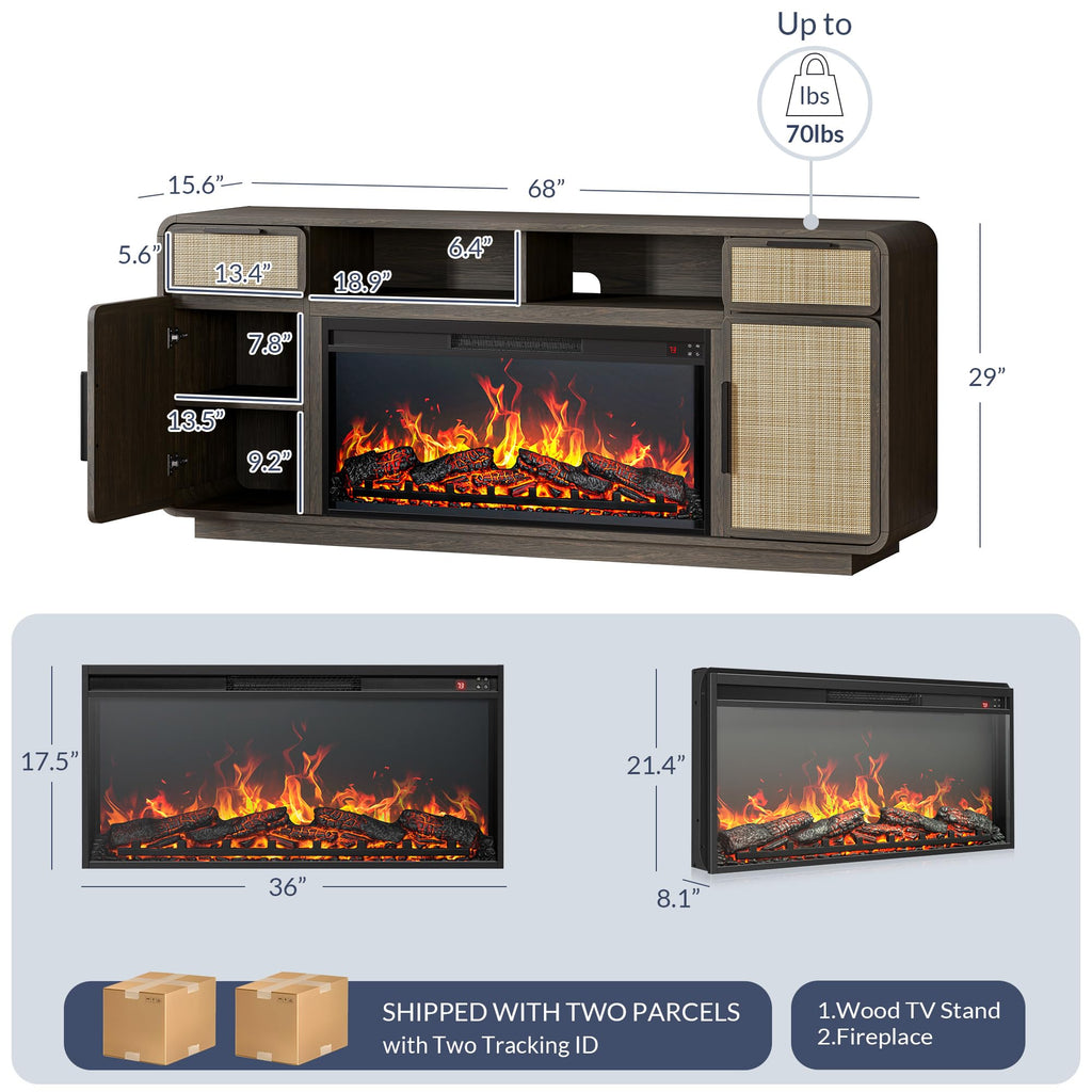 68" TV Stand for TV Up to 75", Boho Entertainment Center with 36" Electric Fireplace Heater with Sound, Rattan