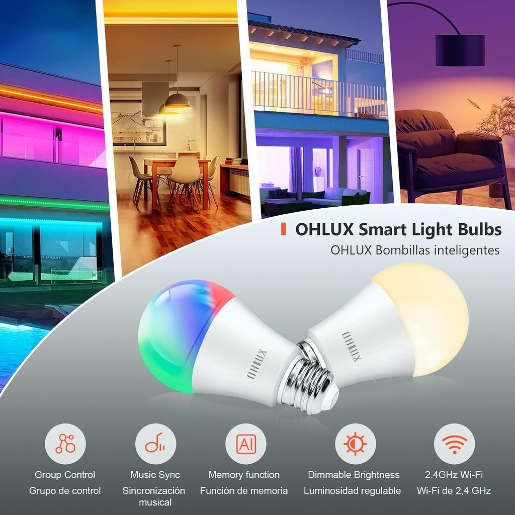Smart Light Bulbs 8Pack, WiFi & Bluetooth, RGB Color Changing, 100W Equivalent, Dimmable, A19 E26 110V, Compatible