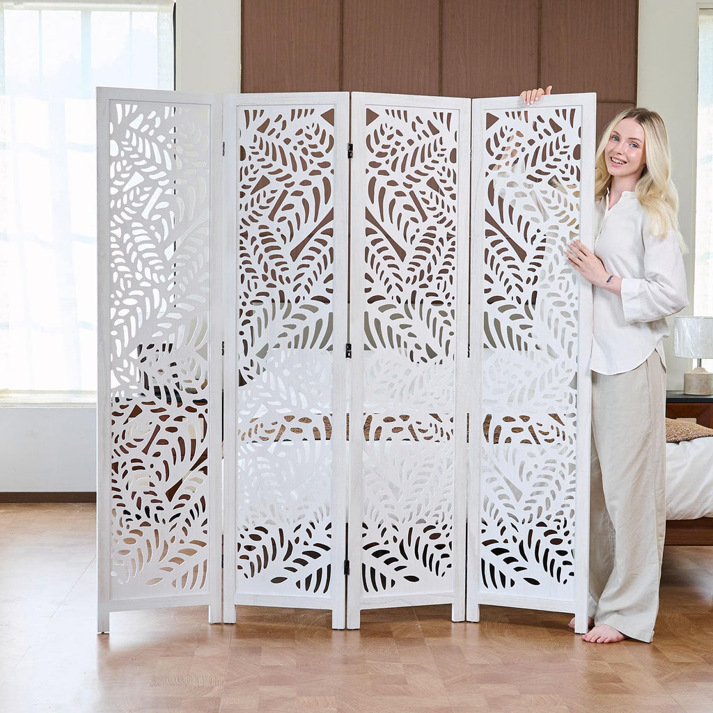 Leaf-Carved Room Divider Privacy Screen - 67 Inch Tall Foading Decorative Wood Screen Dividers Panel - Natural Wood