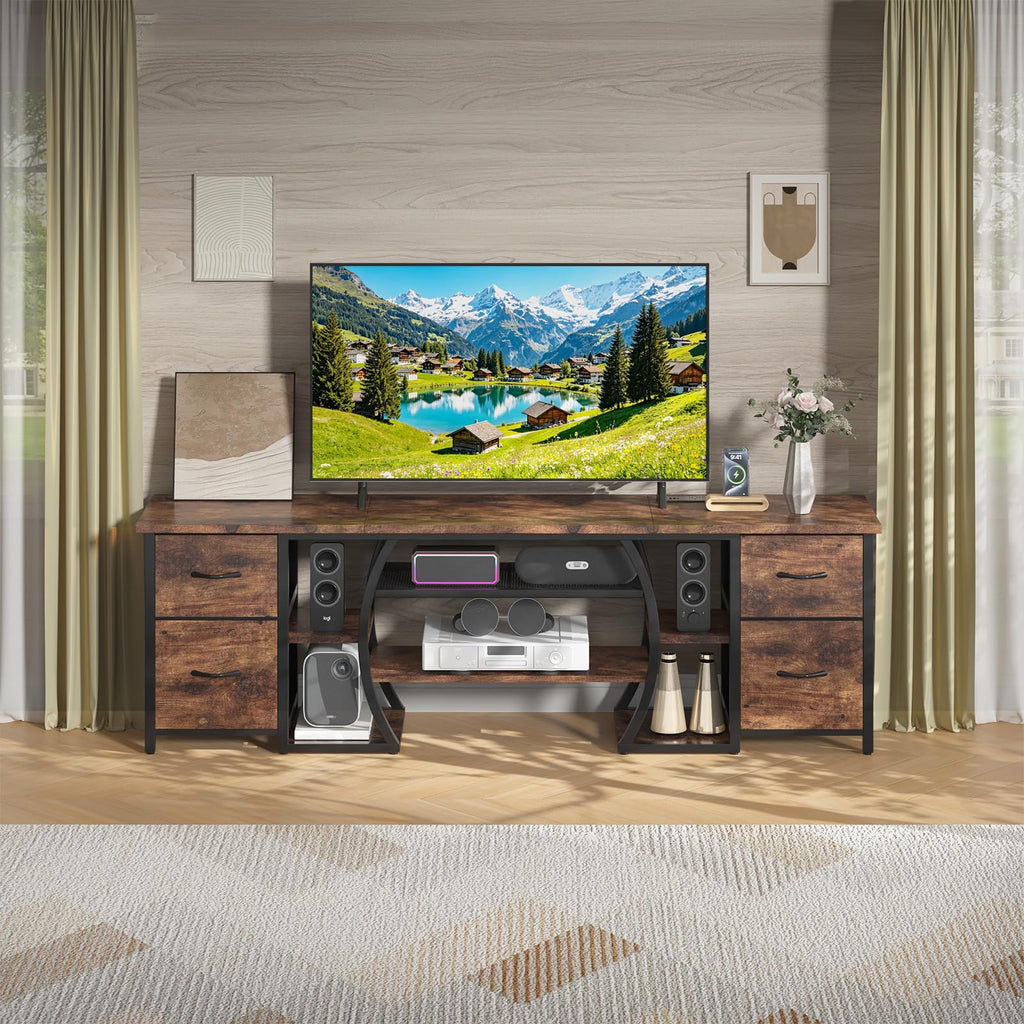 LED TV Stand for 65, 70, 80 Inch TV, 71 Inch Industrial Entertainment Center with Power Outlets, Media Console Table