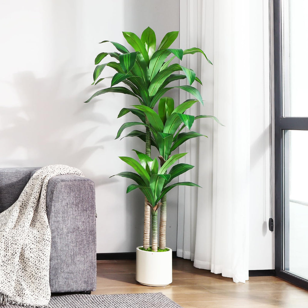 Artificial Dracaena Tree 5ft, Tall Fake Dracaena Plants with White Planter, Faux Dragon Tree Indoor Floor Plant Decor