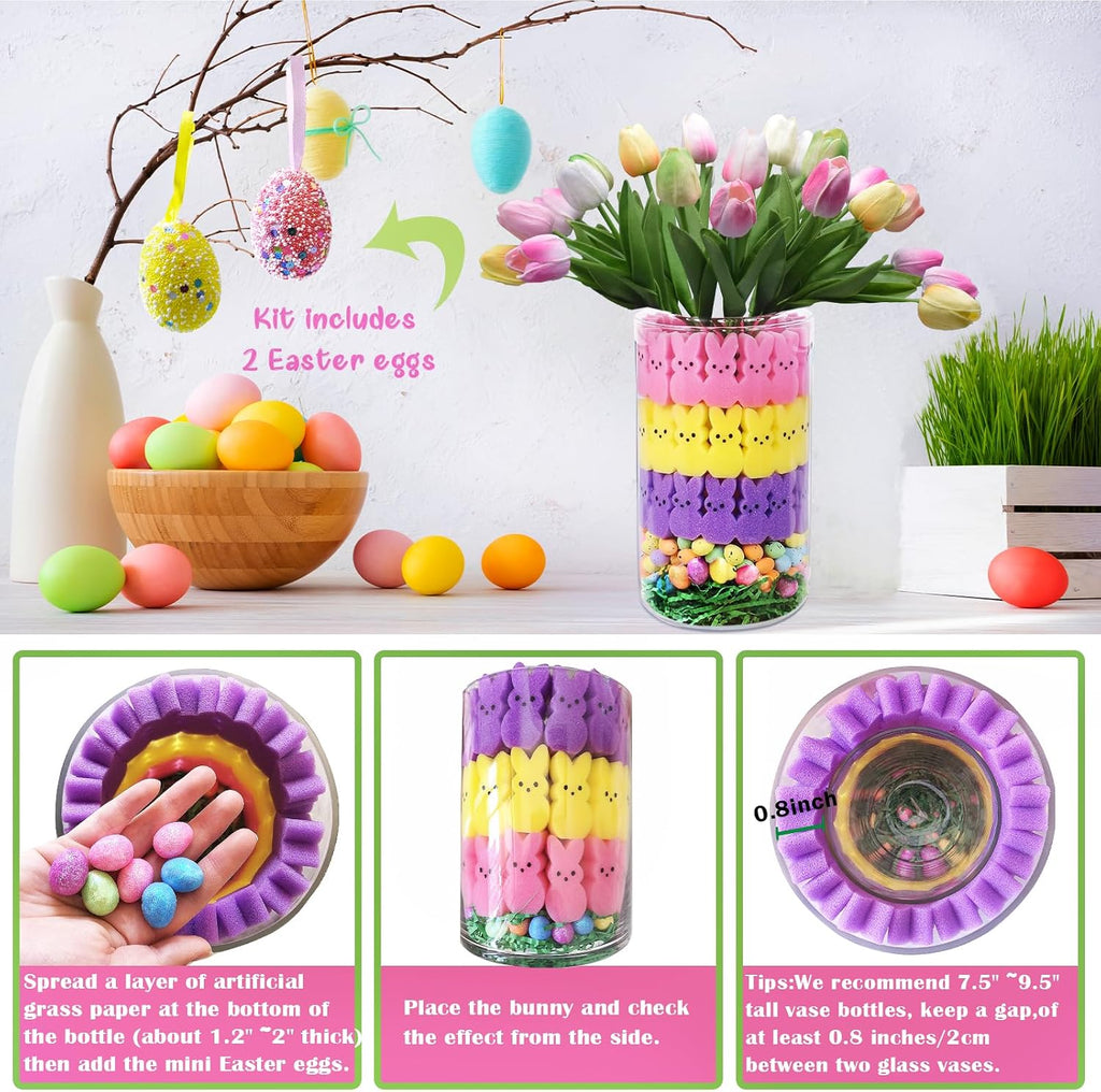 Easter Decorations,Easter Peeps Decor,15 Artificial Tulips with 45 Bunnies Vase Filler Set,Perfect Spring Decor,Table