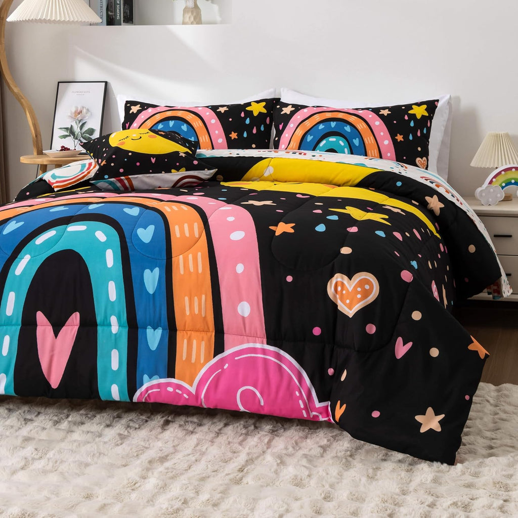 5 Piece Black Rainbow Comforter Set for Girls Boys Kids, Cartoon Cute Moon Stars Bedding Set, Bed in a Bag with