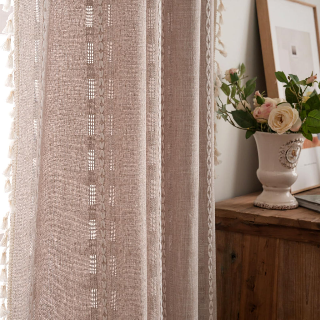 Boho Curtain 84 inches Long Bedroom Nursery, Retro Bohemian Coffee Linen Sheer 84 inches Length Tassel Stripe