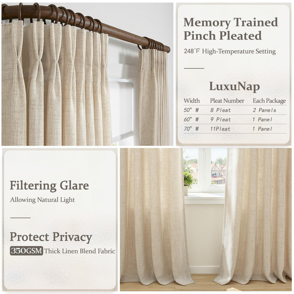 Linen Pleated Curtains 86 Inches Long Sliding Glass Door, Memory Shape Light Filtering Semi Sheer Window Drapes Non