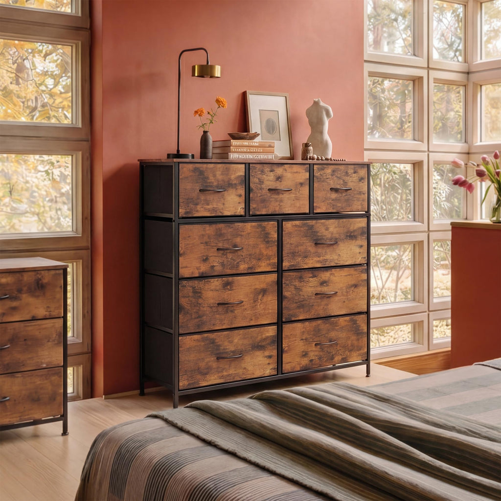 Tall Dresser, 9 Drawer Chest of Drawers, Rustic Brown
