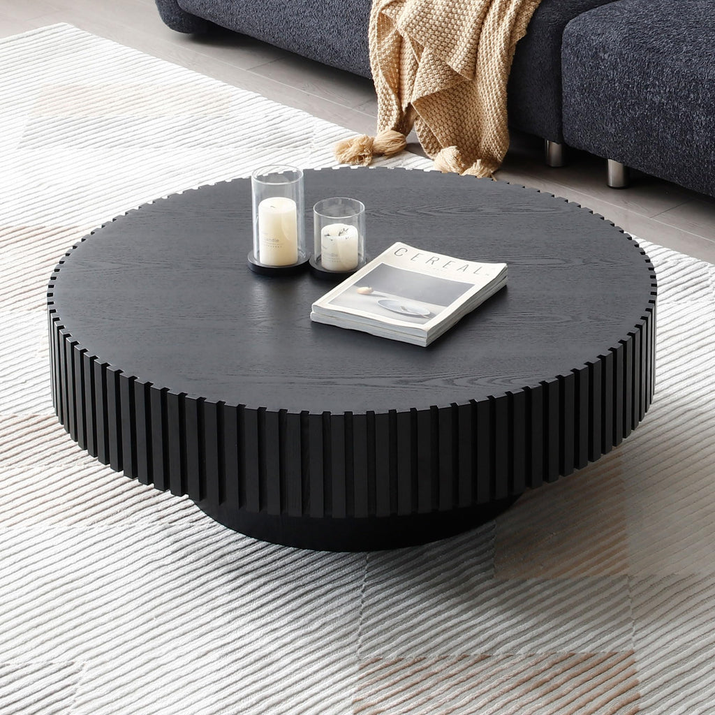 35.43" Large Black Round Coffee Tables, Modern Fluted Drum Nesting Wood Coffee Side End Tables Wood Center Apartment