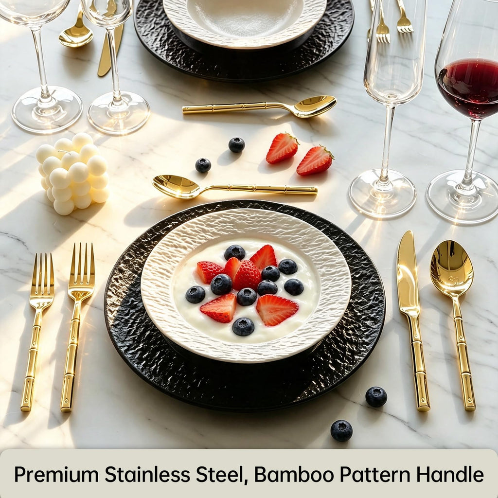 Gold Silverware Set Bamboo Pattern Handle 40-Piece Service for 8