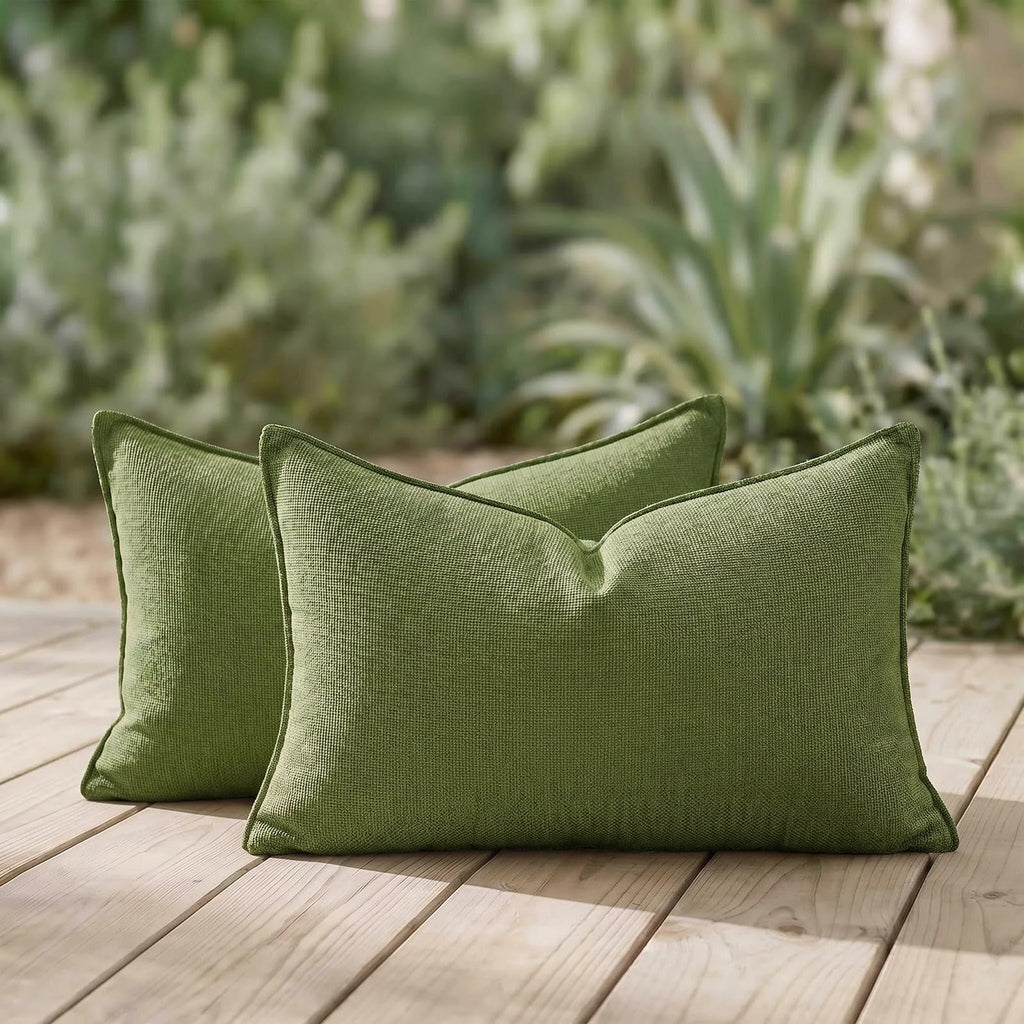 Set of 2 Water Resistant Lumbar Soft Chenille Decorative Outdoor Throw Pillow Covers Solid Moss Green Summer