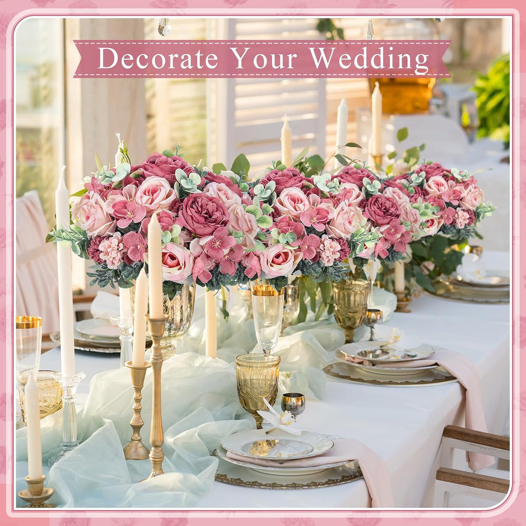 6 Pcs Artificial Peony Silk Florals Fake Mix Silk Peony Rose Faux Flower Hydrangea Bouquet Elegant Realistic Wedding