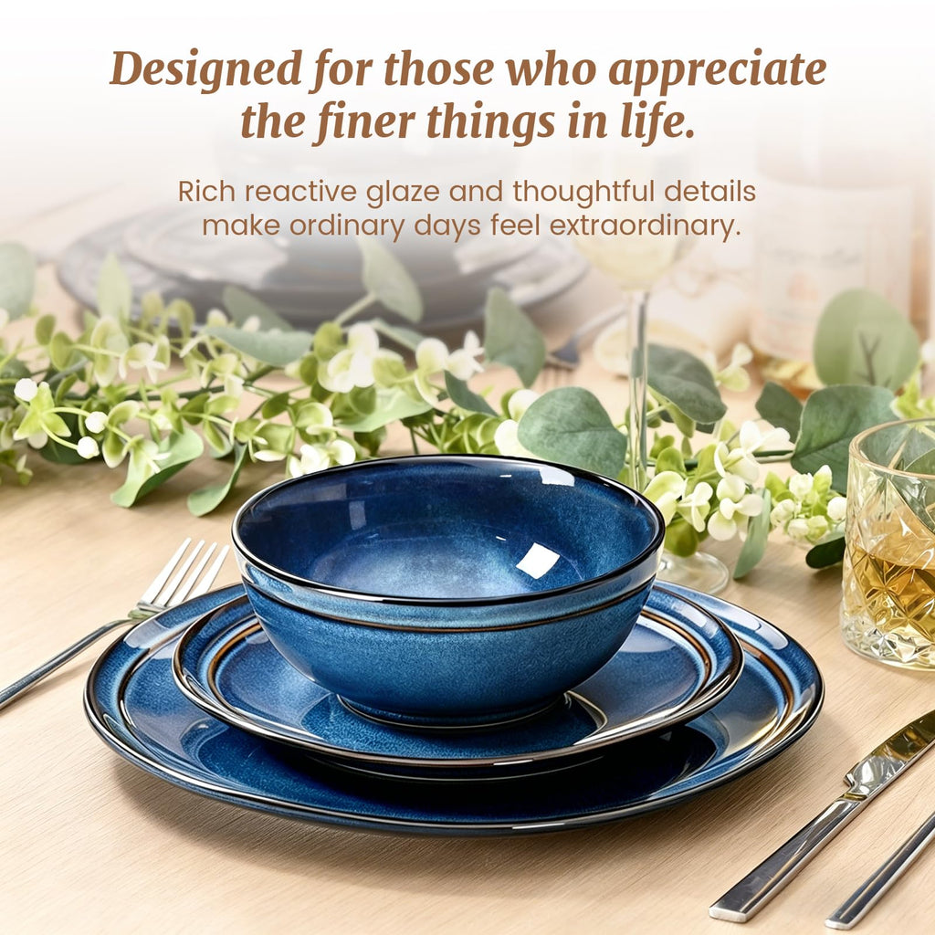 Plates and Bowls Sets 12 Pieces, Blue Reactive Glaze Dinnerware Set
