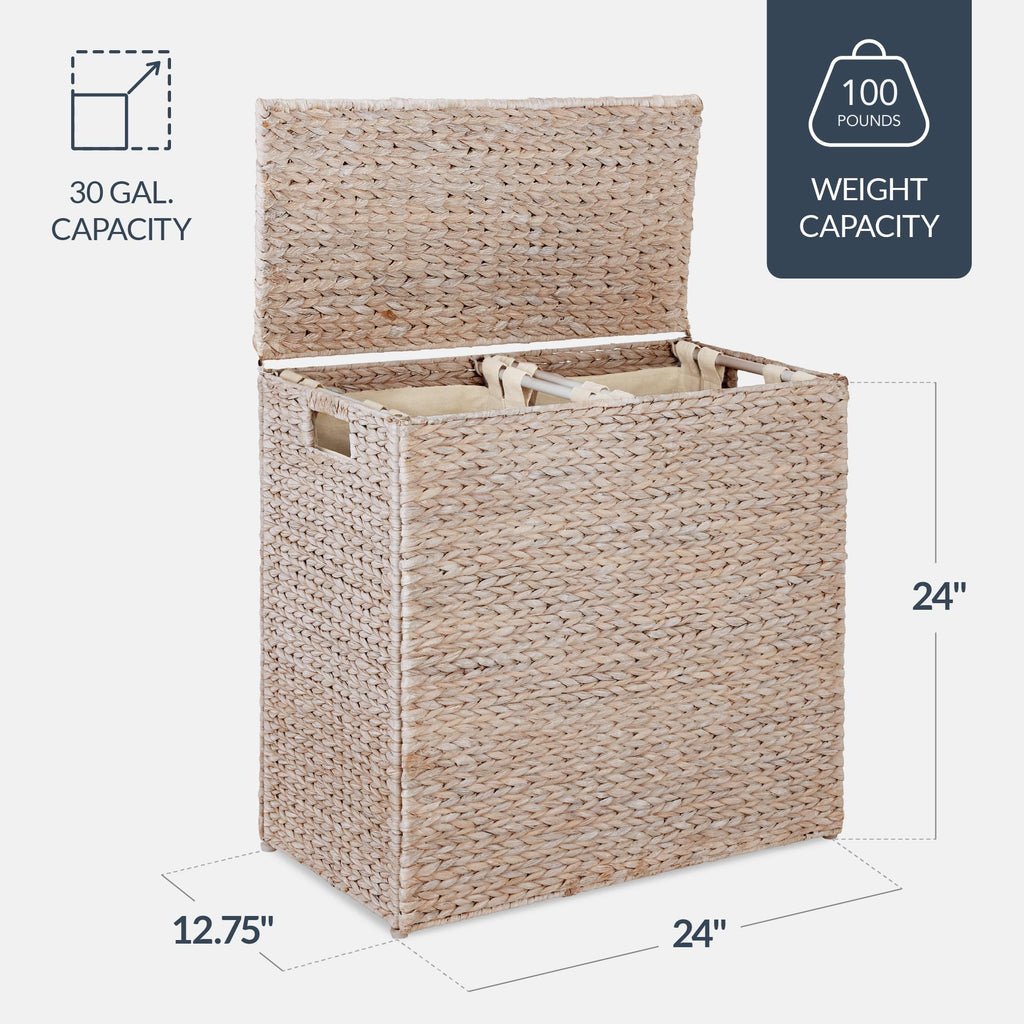 Large Laundry Hamper with Lid, Natural Handwoven Hyacinth Laundry Basket, W/Removeable & Washable Liner Bag
