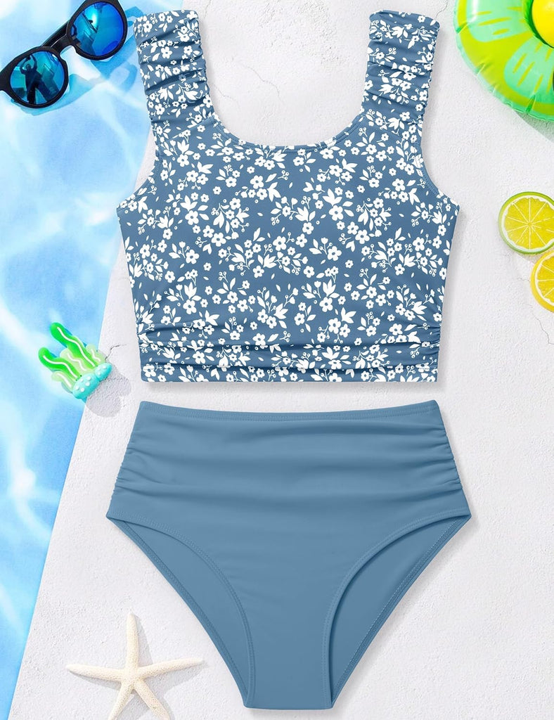 Girls Tankini Swimsuit 2 Piece Bathing Suit Twist Cross Back Cutout Swim Tank Top Floral Print Swimwear