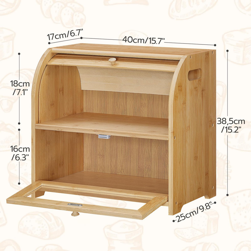 Bamboo Countertop, 2 Tier Roll-Top Bread Bin, Food Storage Box, Large Capacity Keeper, Wooden Storage Cabinet