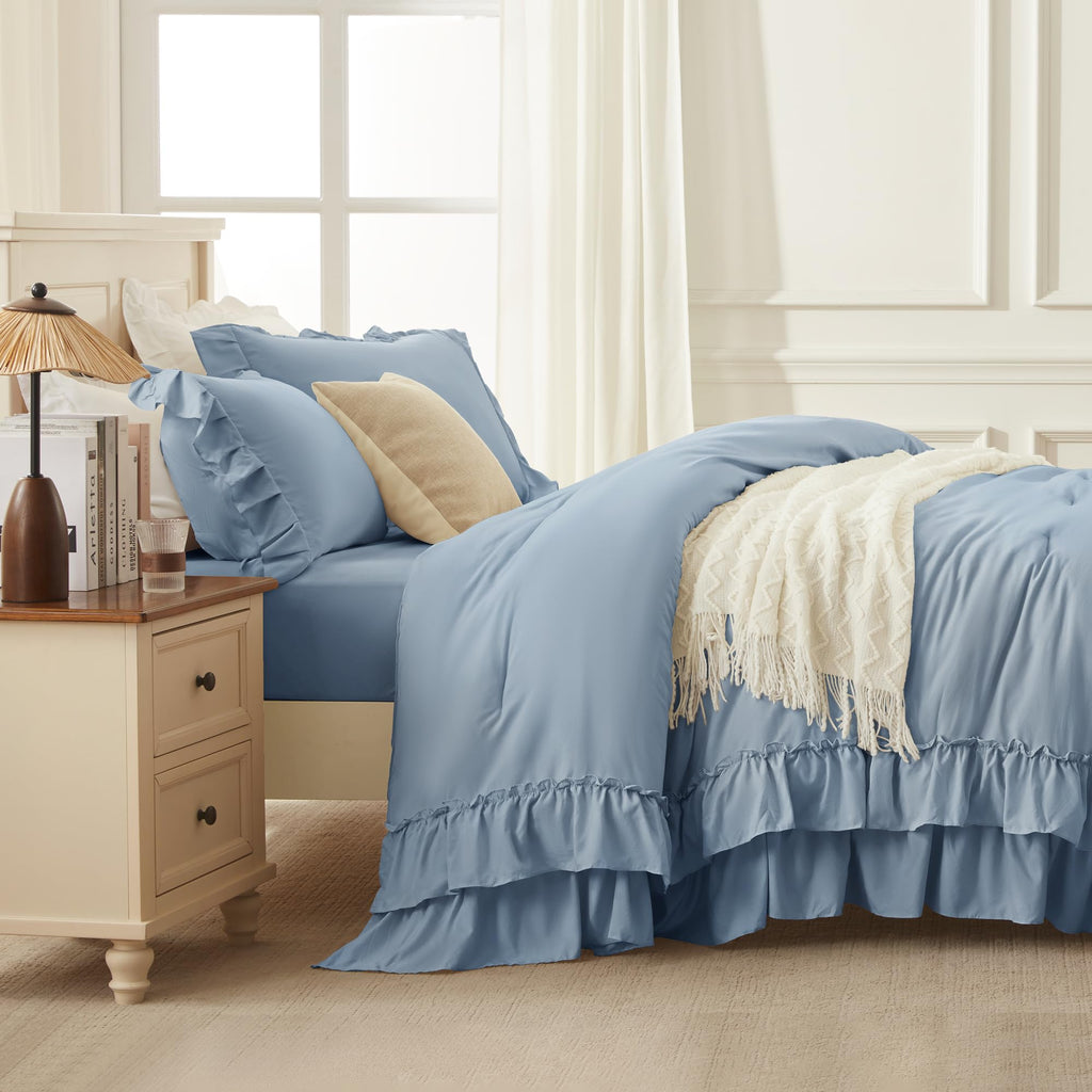 Grayish Blue Ruffle Comforter Set, 3 Pieces Solid Bedding