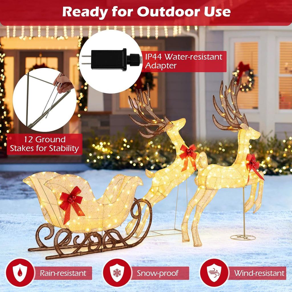 3-Piece Christmas Lighted Reindeer & Sleigh Set, Gold