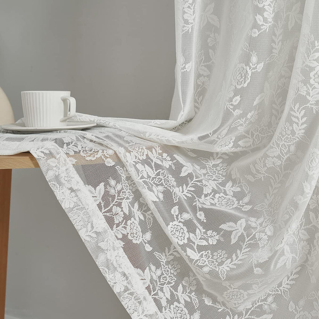 Lace Curtains 84 Inches Long - Rustic Branch Leaf Floral Patterned Ivory Sheer Lace Curtains, Scalloped Macrame