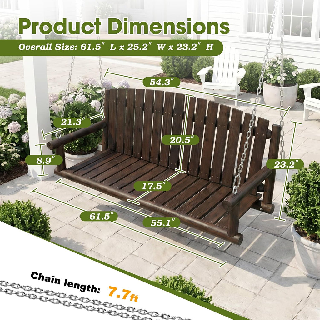 5FT Outdoor Wooden Porch Swing, 3 Person Patio Hanging Bench, Heavy Duty 900 LBS Swing Chair, Solid Fir Wood Porch