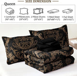 Black Comforter Set Queen, Gold Damask Texture 7 Pieces Bed in a Bag Microfiber Comforter Bedding Sets -1 Comforter