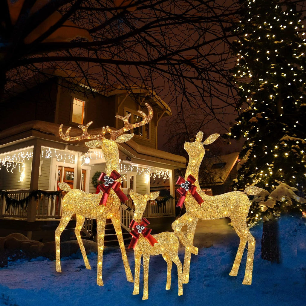 3D Christmas Reindeer Family, 3-Piece Holiday Pre-lit Glitter Deer