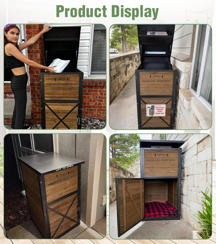 Package Delivery Boxes Theft & Weatherproof Solid Wood with Iron Frame, Parcel Drop Box with Combination Lockable