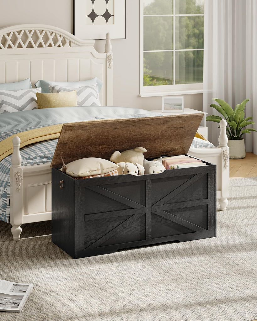 Storage Chest, 39.4" Wooden Storage Trunk, Modern Storage Bench with Safety Hinge, Toy Box, Farmhouse Style, Walnut