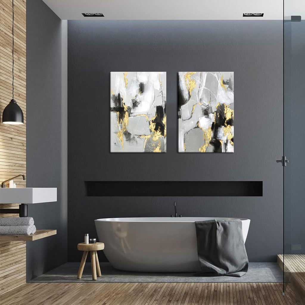 Framed Abstract Black Gold Wall Art Set of 2, Modern Black White Gold Canvas Prints Poster Picture Bedroom Office