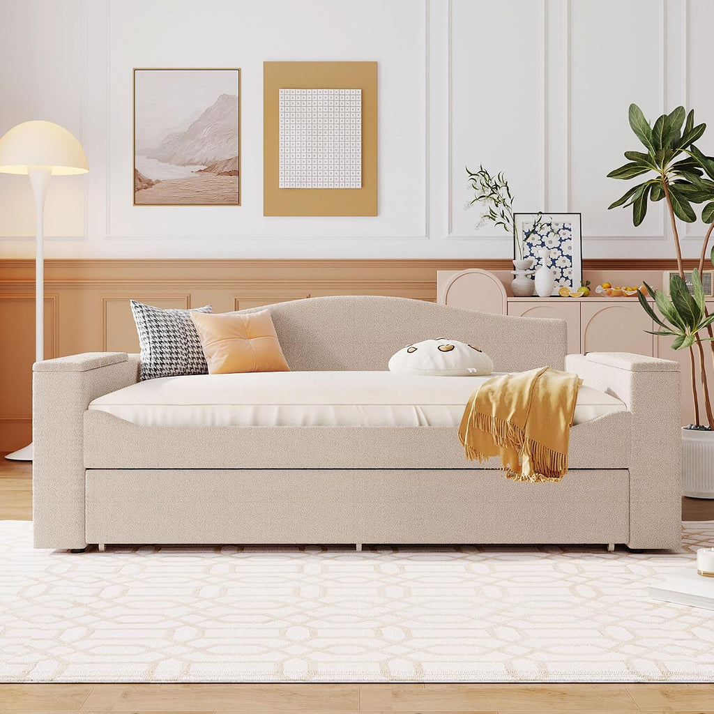 Upholstered Daybed with Trundle, Full Size Day Bed Frame with Storage Armrests, USB Ports