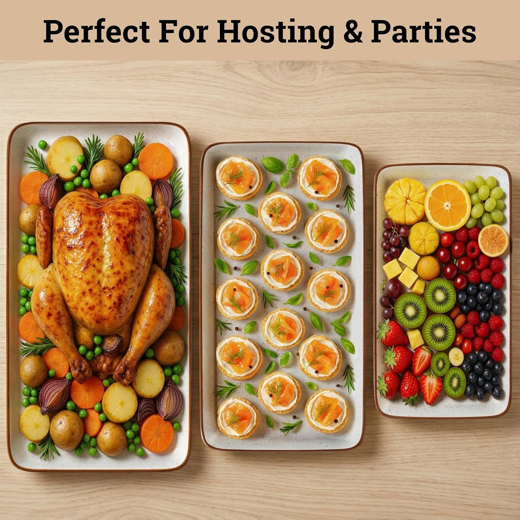 Ceramic Serving Platter Set of 3, Rectangular Plates, 16, 14, 12 inches | Thick Durable Ceramic, Stackable