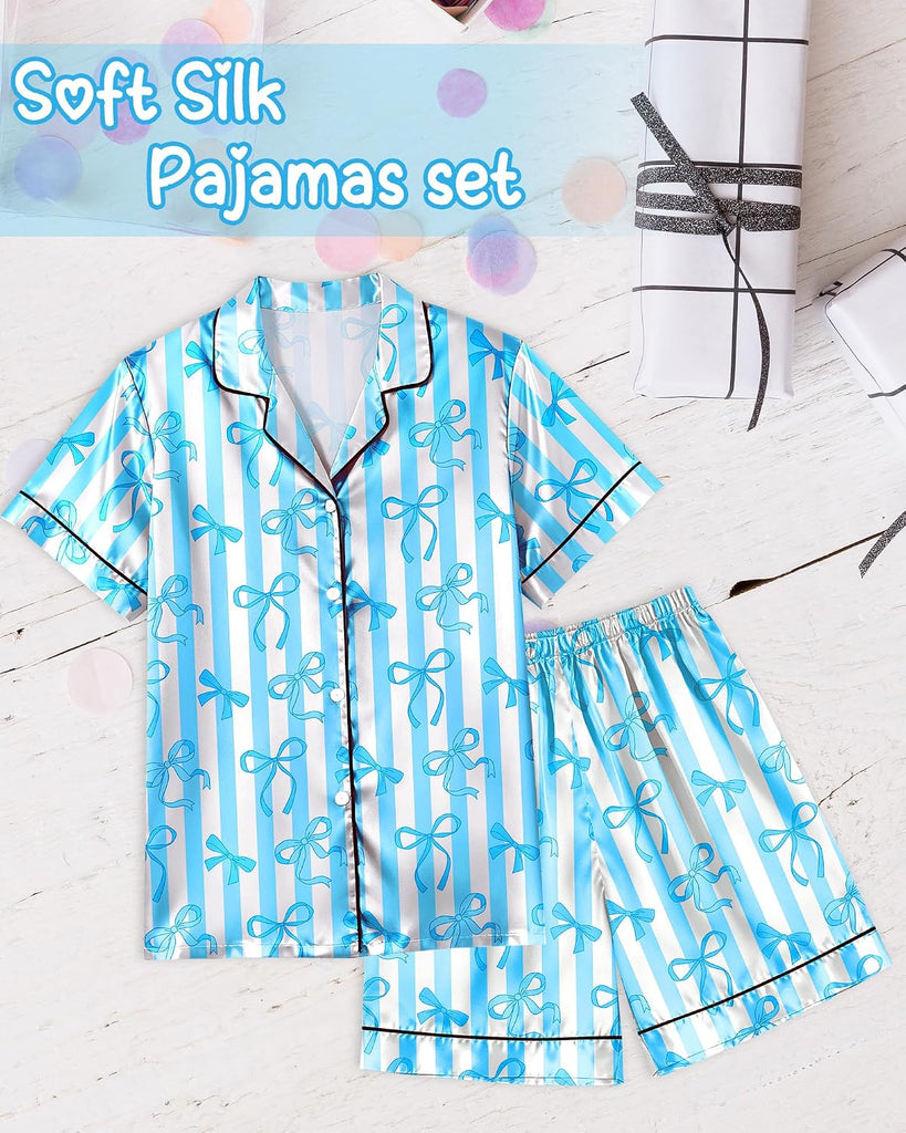 Girls Pajamas Silk PJS Set Bow Satin Sleepwear Short Sleeve Jammies for Kids Button-Down Nightwear