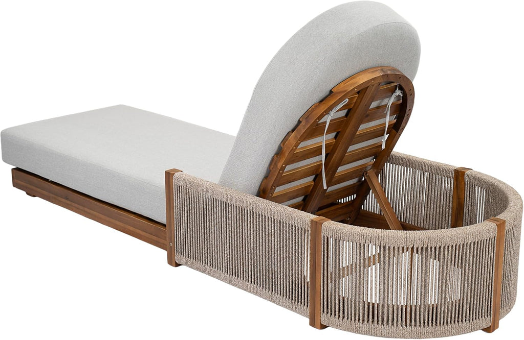 Acacia Wood Chaise Lounge Chair Outdoor with Handwoven Rope, Adjustable Backrest Sun Lounger Recliner, Patio