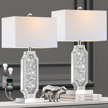 3-Way Dimmable Touch Diamond Crushed Mirrored Bedside Table Lamps Set of 2 with USB A+C Ports, Tall Silver Modern
