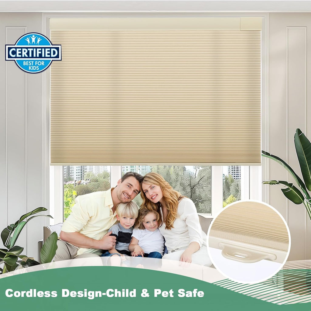No Drill Cellular Shades for Indoor Windows, Thermal Insulating & Noise Reducing Honeycomb Blinds, Cordless Free Stop