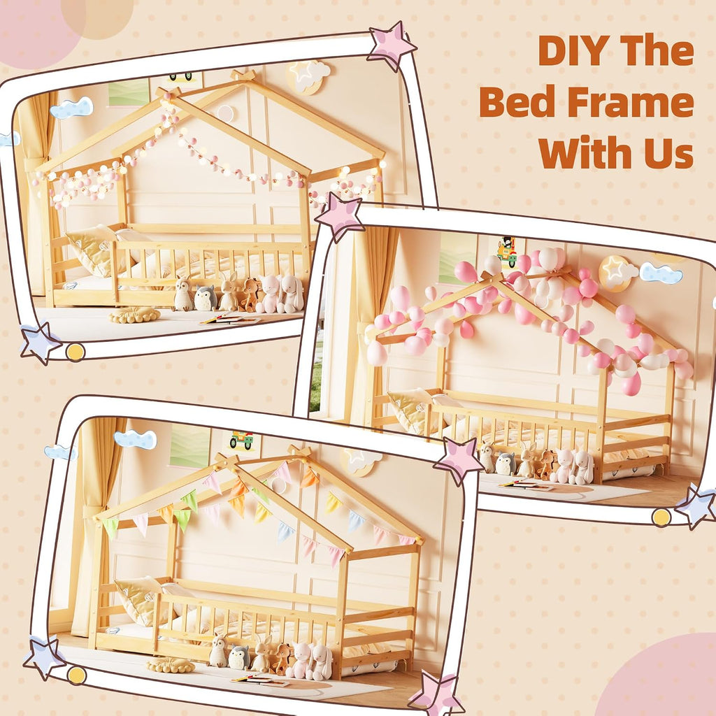 Tw Bed, Montessori Floor Bed with Fence and Roof, Solid Wood Low Bed Frame with Headboard & Footboard for Boys &