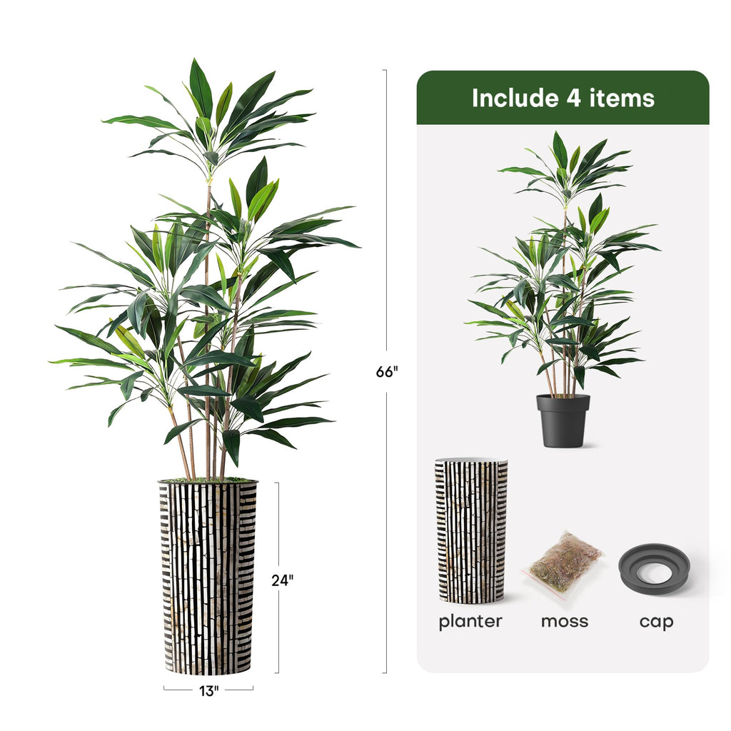 Tree in Black and Brown Striped Planter, Fake Dracaena Tree Silk Tree for Indoor and Outdoor Home Decoration - 66"