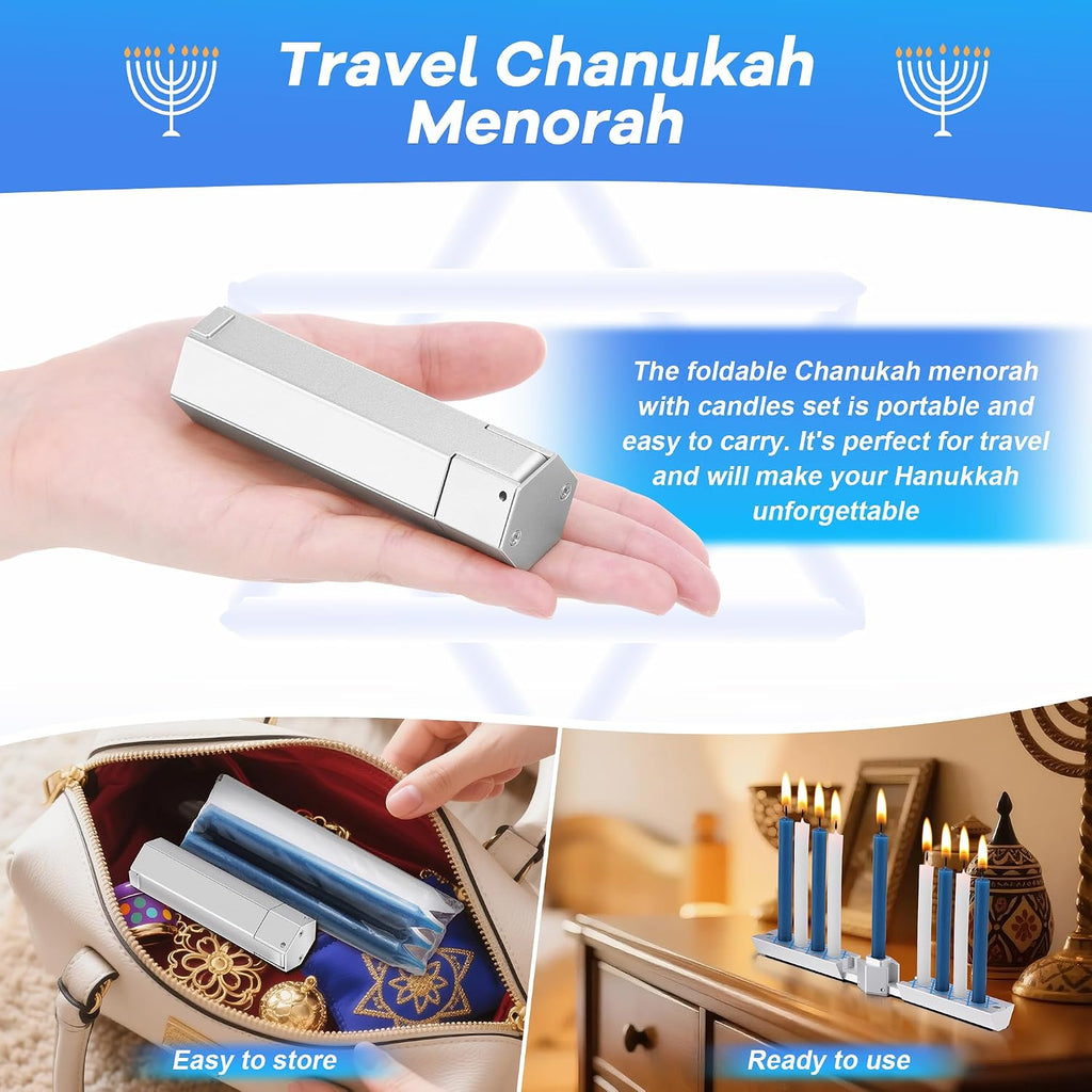 Folding Travel Chanukah with Candle Set, Foldable Hanukkah with 10 Blue and White Candles, Satin Silver, Fits