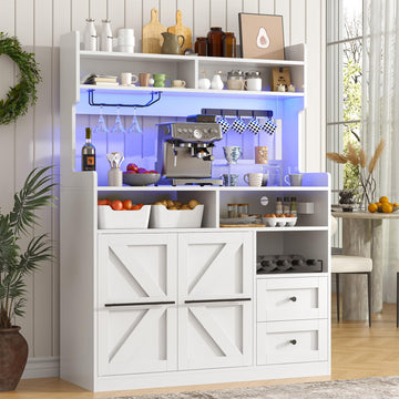 Hutch Storage Buffet Cabinet with Drawers, and Charging Station, Coffee Bar Cabinet with Barn Doors, Wine Rack and