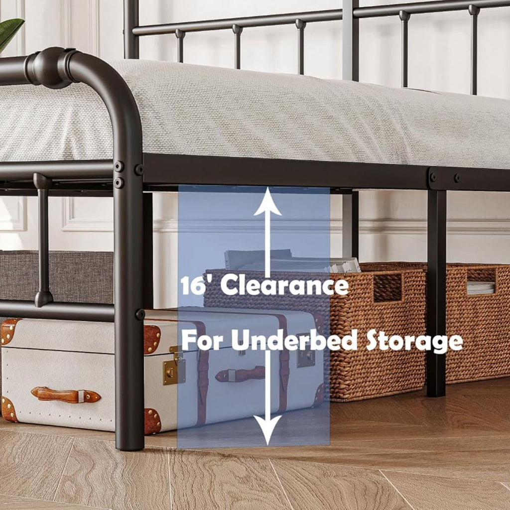 Victorian Style Metal Bed Frame, 18 Inch High Heavy Duty Platform with Spindle Headboard and Footboard