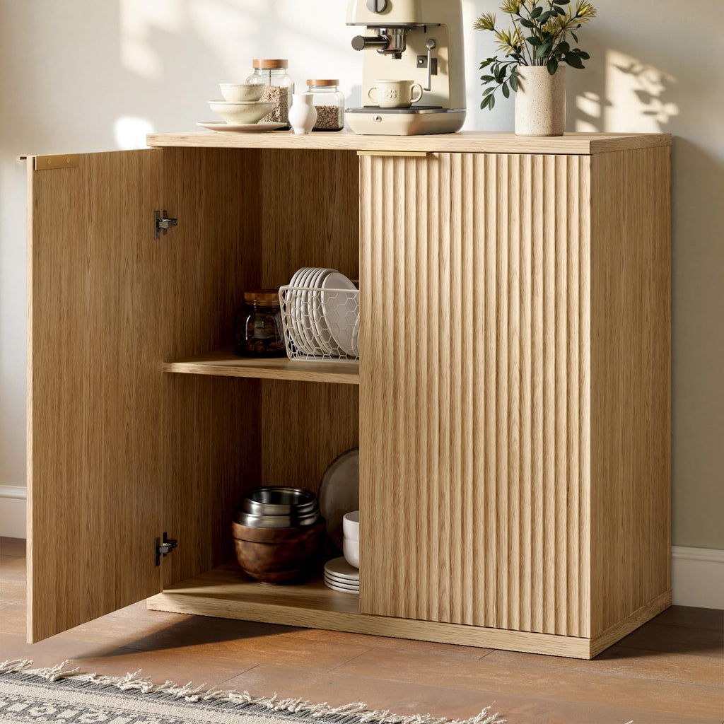 63" Oak Buffet Cabinet with Storage, Large Sideboard Cabinet, Boho Fluted Accent Credenza, and Living Room