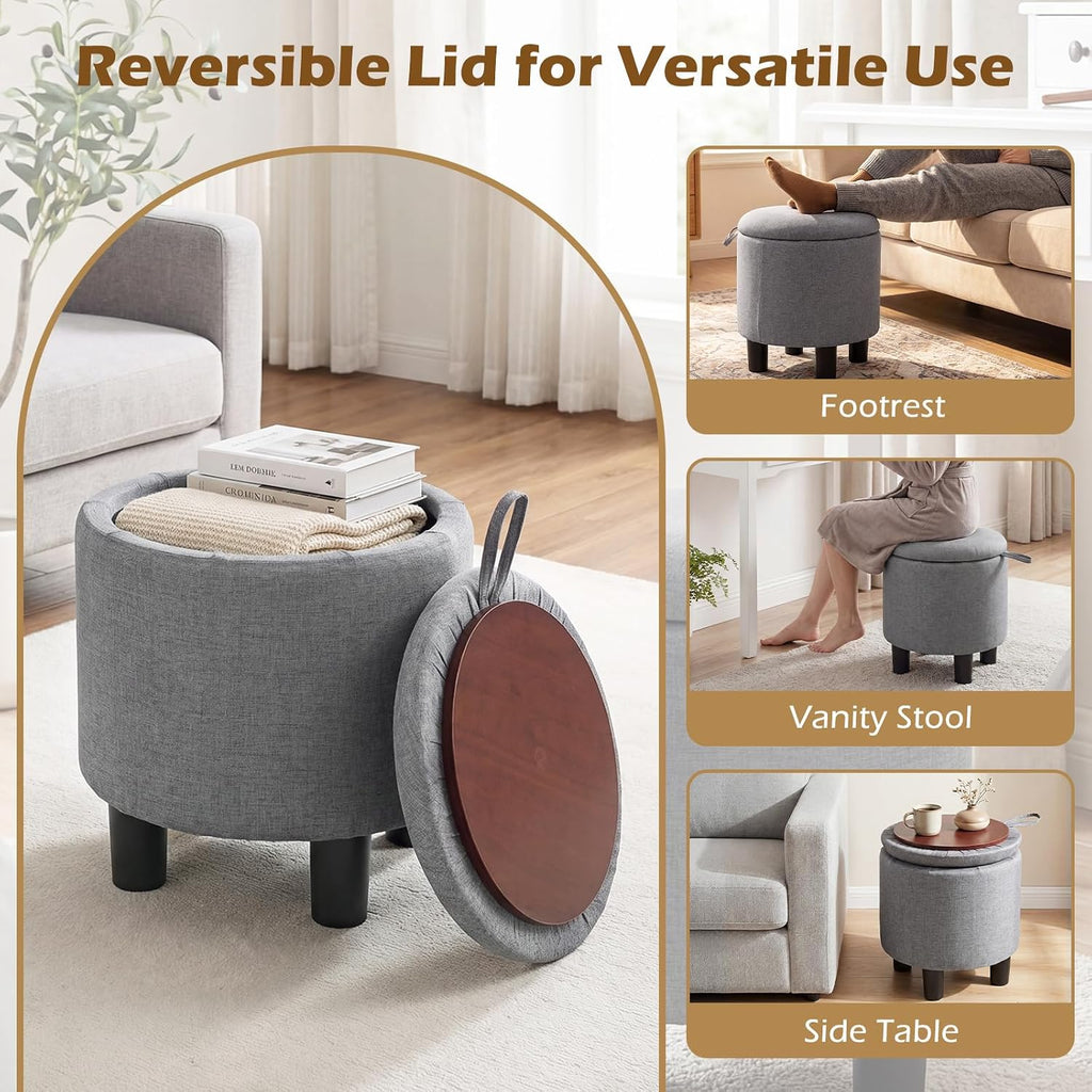 Linen Fabric Round Storage Ottoman with Removable Lid, Gray | Upholstered Ottoman Foot Rest, Small Ottoman Foot Stool